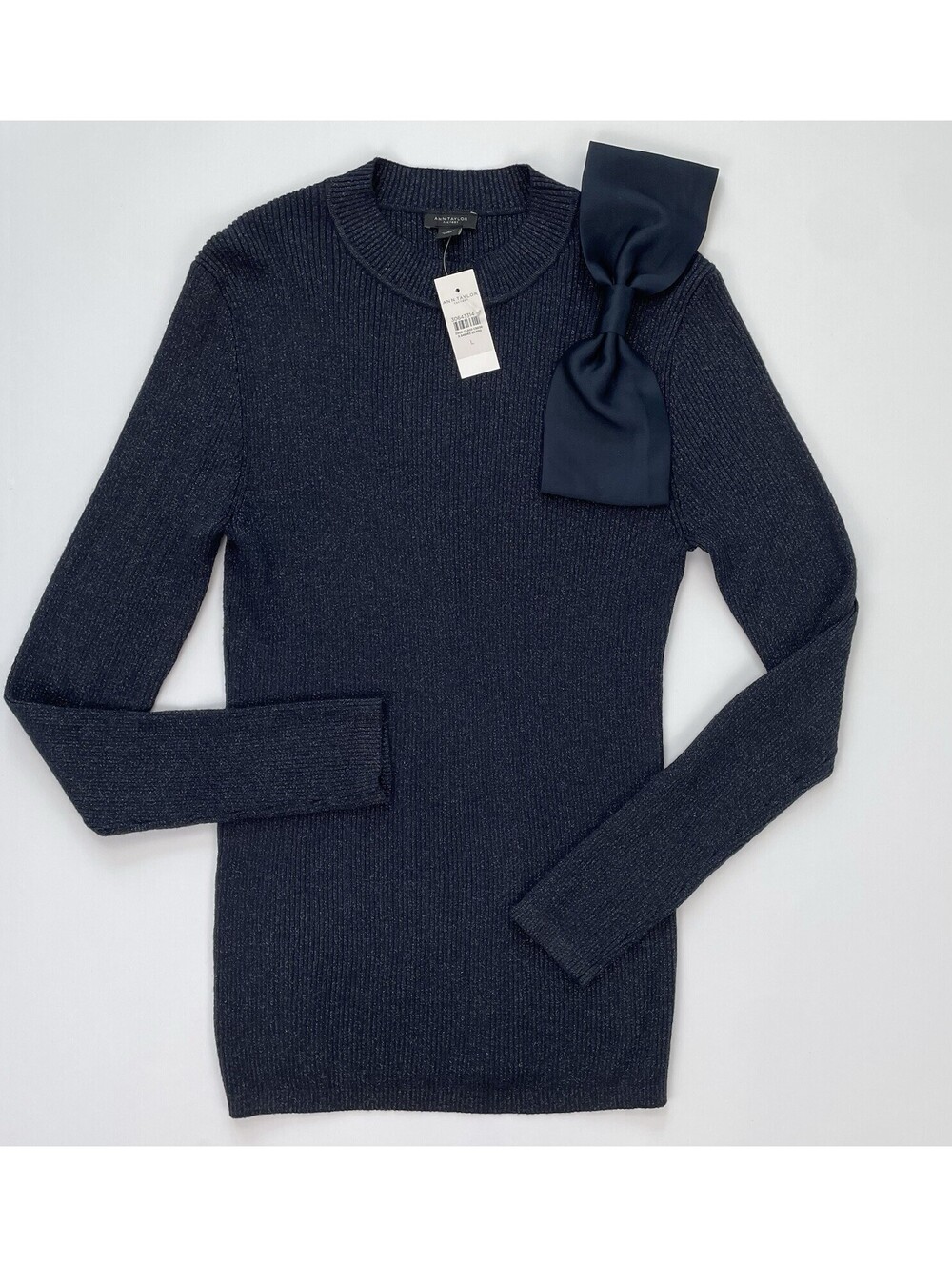 NWT Ann Taylor Metallic Ribbed Shimmer Bow Sweater  L Navy Coquette Ballet